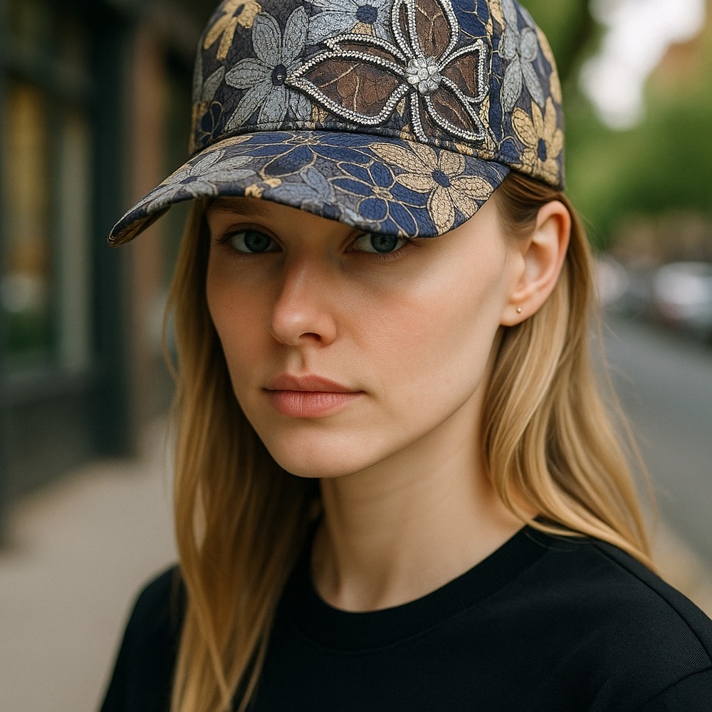 New, Floral& Rhinestone Embellished Cap - Blue and Black - Picture 3 of 9